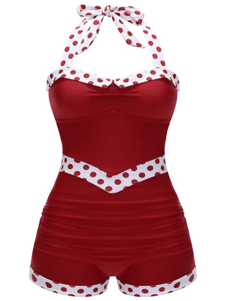 Red 1940s Dots Patchwork Halter Swimsuit - vintage swimwear, retro beach style for women