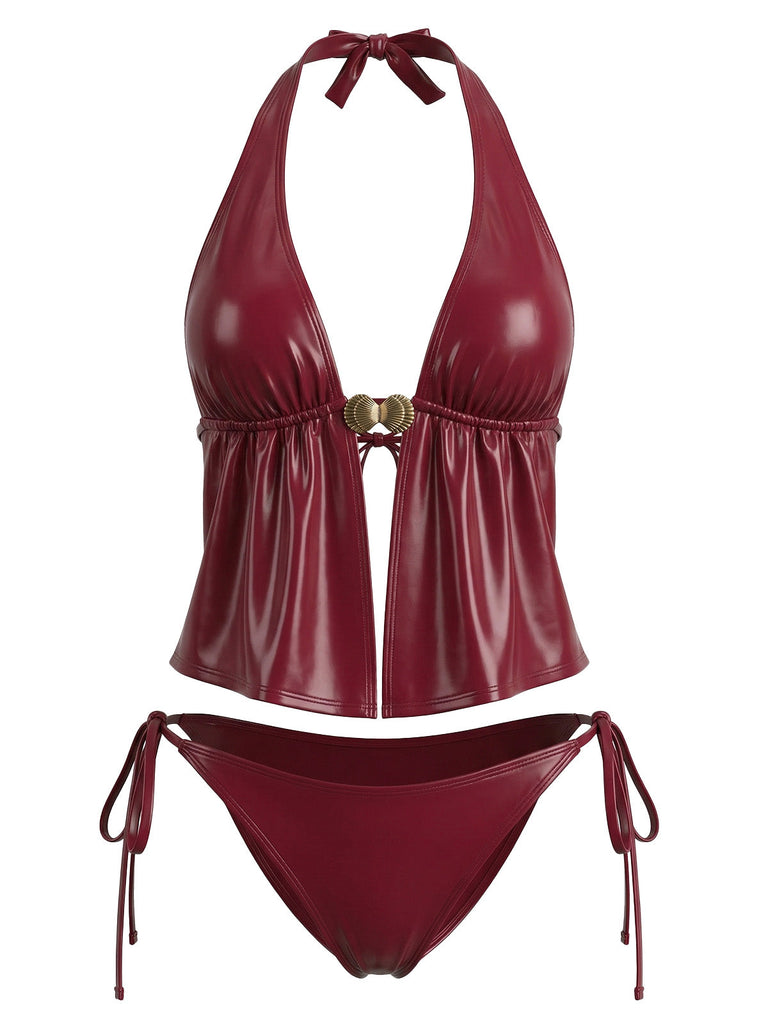 Red-1940s-Faux-Leather-Halter-Shell-Tankini-Set, vintage, retro, swimwear