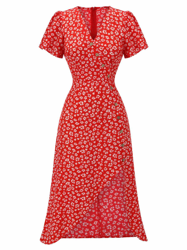 Red 1940s Floral V-Neck Added Button Dress: where 1940s romance meets her modern spirit