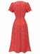 This Red 1940s Floral V-Neck Added Button Dress wraps her in 1940s elegance, one twirl at a time