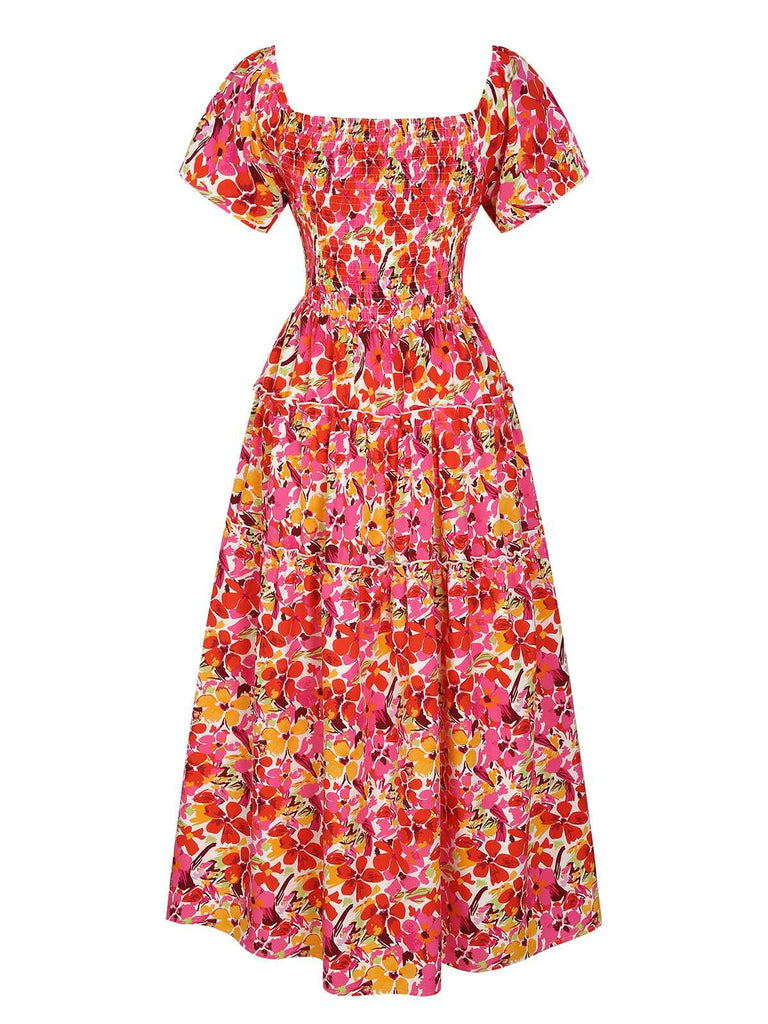 Red 1940s Flower Print Square Neck Tiered Dress, vintage dress, retro fashion - perfect for women who love vintage and retro fashion