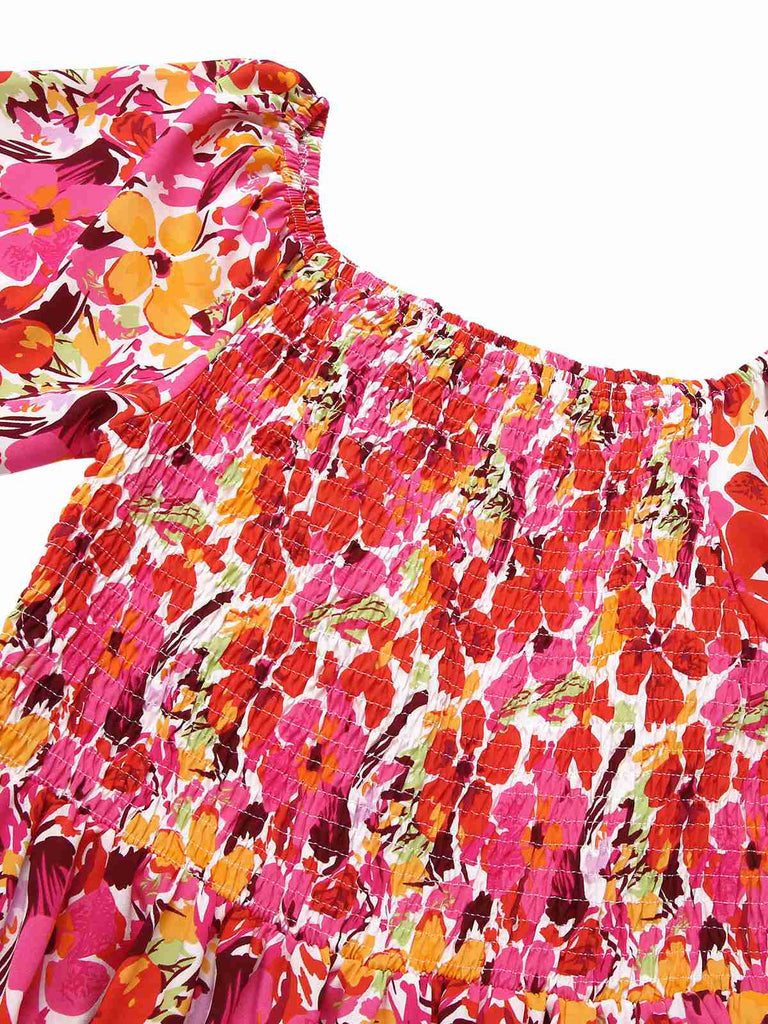 Red 1940s Flower Print Square Neck Tiered Dress, vintage dress, retro fashion - perfect for women who love vintage and retro fashion