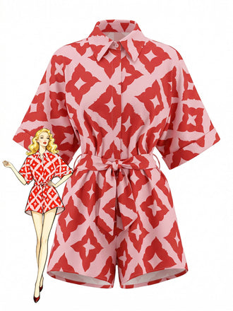 Red 1940s Geometric Floral Tie-Waist Romper - vintage romper, retro jumpsuit, playful style for vintage lovers