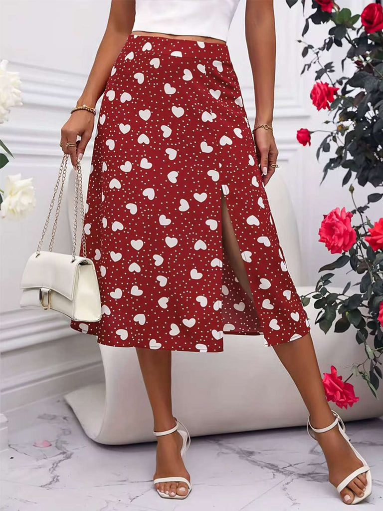 This Red 1940s Hearts Polka Dot Slit Skirt spins 1940s stories with every step