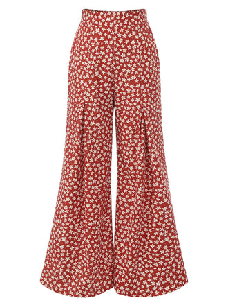 Red 1940s High Waist Floral Wide-Leg Pants: 1940s power dressing, reimagined