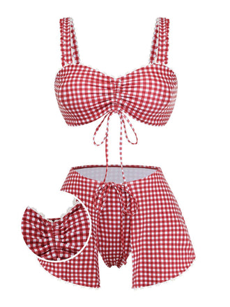 Red and white checkered bikini set on a white background