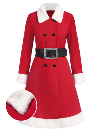Red 1940s Plush Double-Breasted Belted Coat - vintage fashion, retro style, elegant red