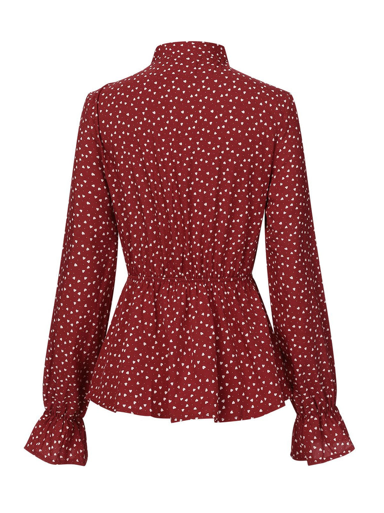 Red 1940s Polka Dot Lace-Up Chiffon Blouse, vintage top, retro blouse - perfect for women who love vintage and retro fashion