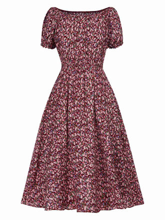 Red 1940s Puff Sleeves Ditsy Floral Dress, vintage dress, retro fashion, floral print - perfect for women who love vintage and retro fashion
