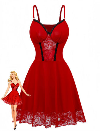 Red 1940s Spaghetti Strap Lace Trim Nightgown - vintage nightgown, retro sleepwear, elegant red