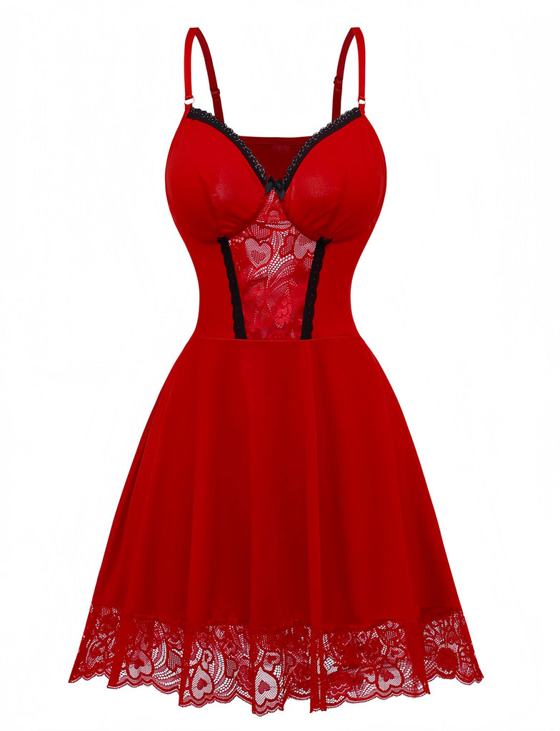 Red 1940s Spaghetti Strap Lace Trim Nightgown - vintage nightgown, retro sleepwear, elegant red