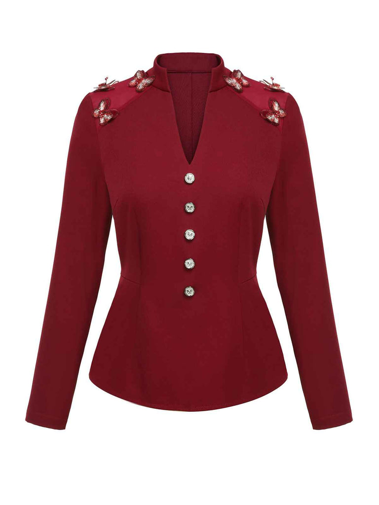 Red 1940s Stand Collar Butterflies Blouse — vintage elegance for the modern woman