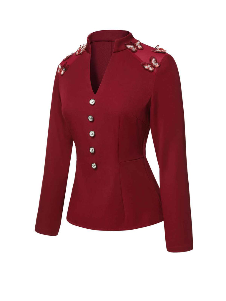 Red 1940s Stand Collar Butterflies Blouse: timeless style reimagined
