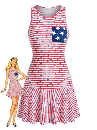 Red 1940s Striped & Star Sleeveless Dress - vintage dress, retro fashion for vintage lovers