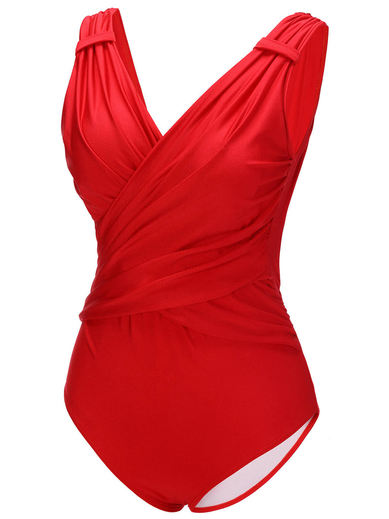 Red 1940s V-Neck Solid One-piece Swimsuit, vintage swimsuit, pin-up swimwear - perfect for women who love vintage and retro fashion