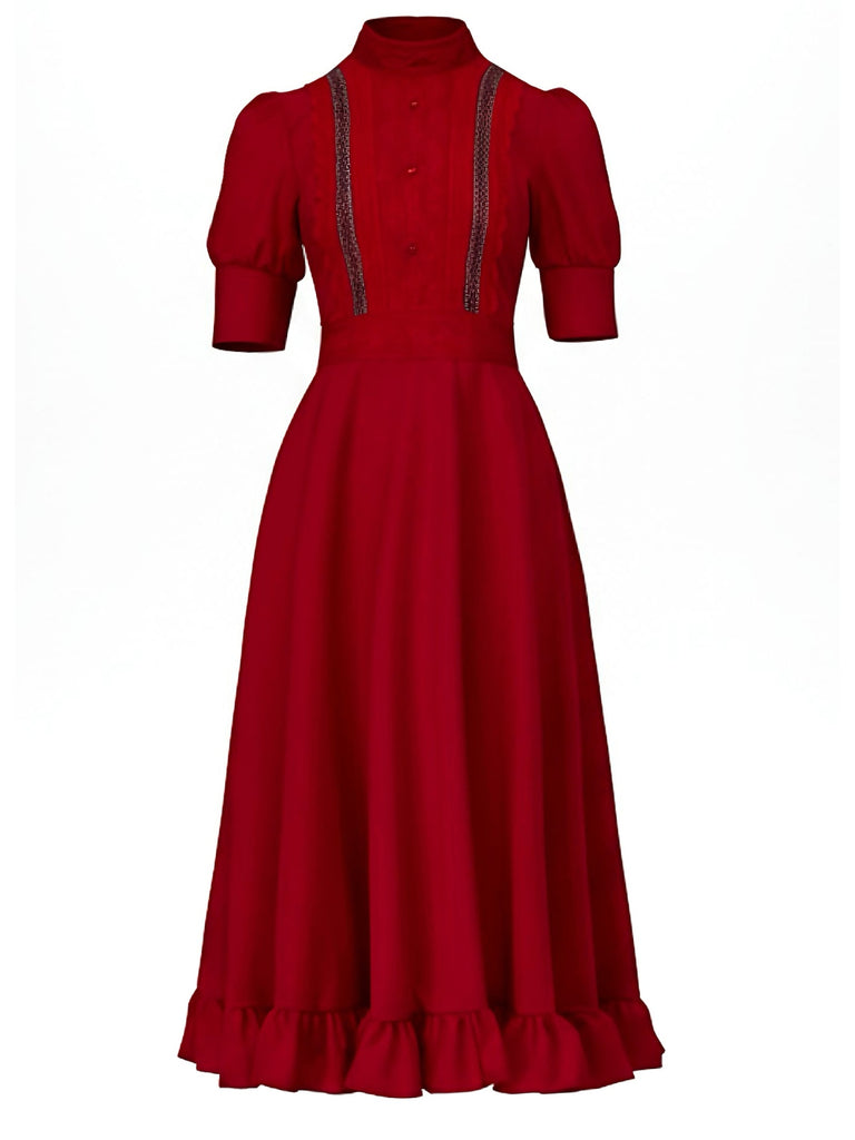 Red 1940s X Prequel Pearl Lace Ruffed Hem Dress, vintage dress, retro fashion, lace detail - perfect for women who love vintage and retro fashion