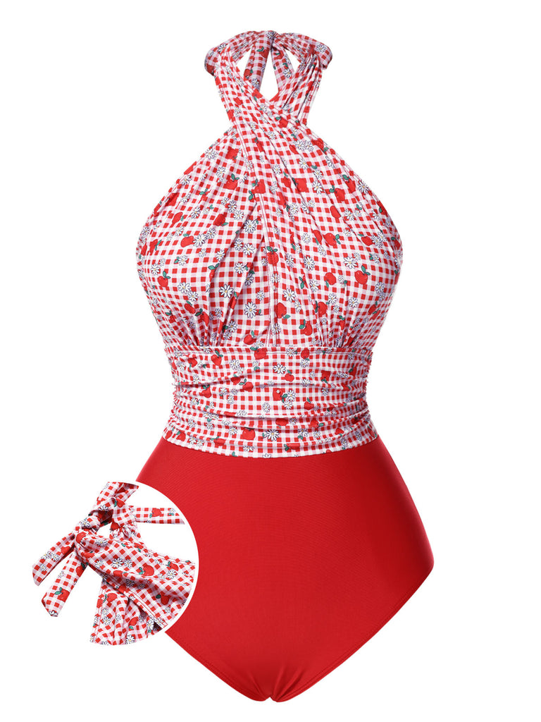 This Red 1950s Apple Plaid Wrapped Swimsuit carries 1950s vacation dreams in every stitch