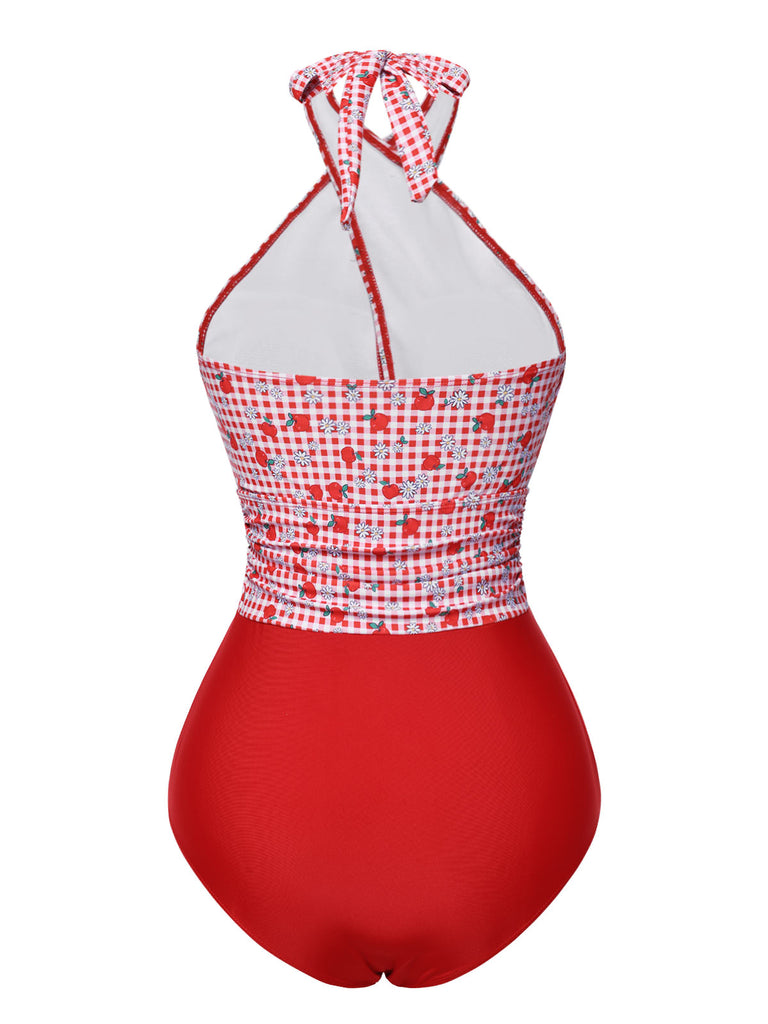 She's wearing Red 1950s Apple Plaid Wrapped Swimsuit and the whole beach remembers the 1950s