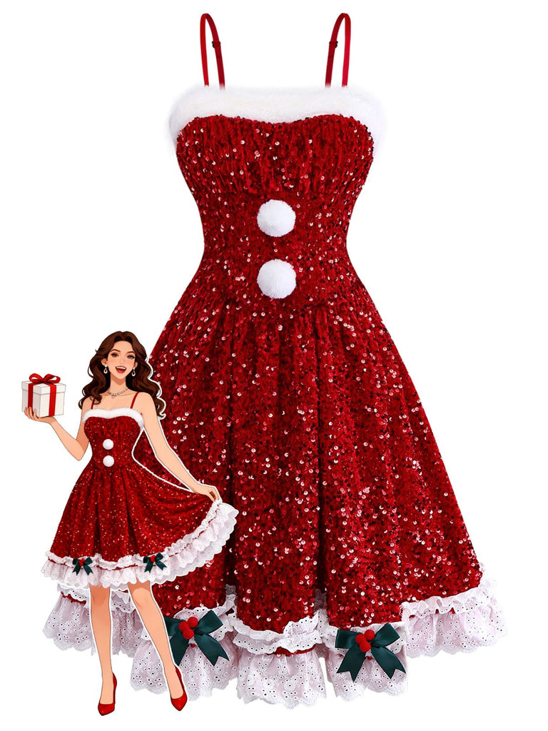 Red 1950s Bow Sequined Raw Hem Dress - vintage dress, retro fashion, rockabilly