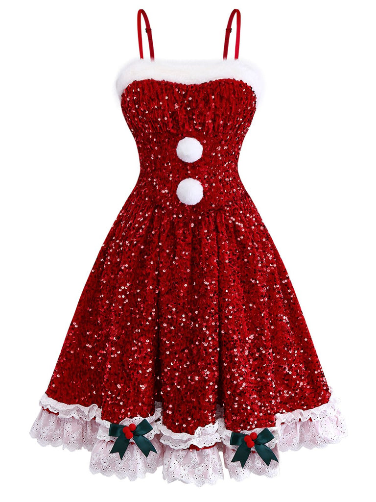 Red 1950s Bow Sequined Raw Hem Dress - vintage dress, retro fashion, rockabilly
