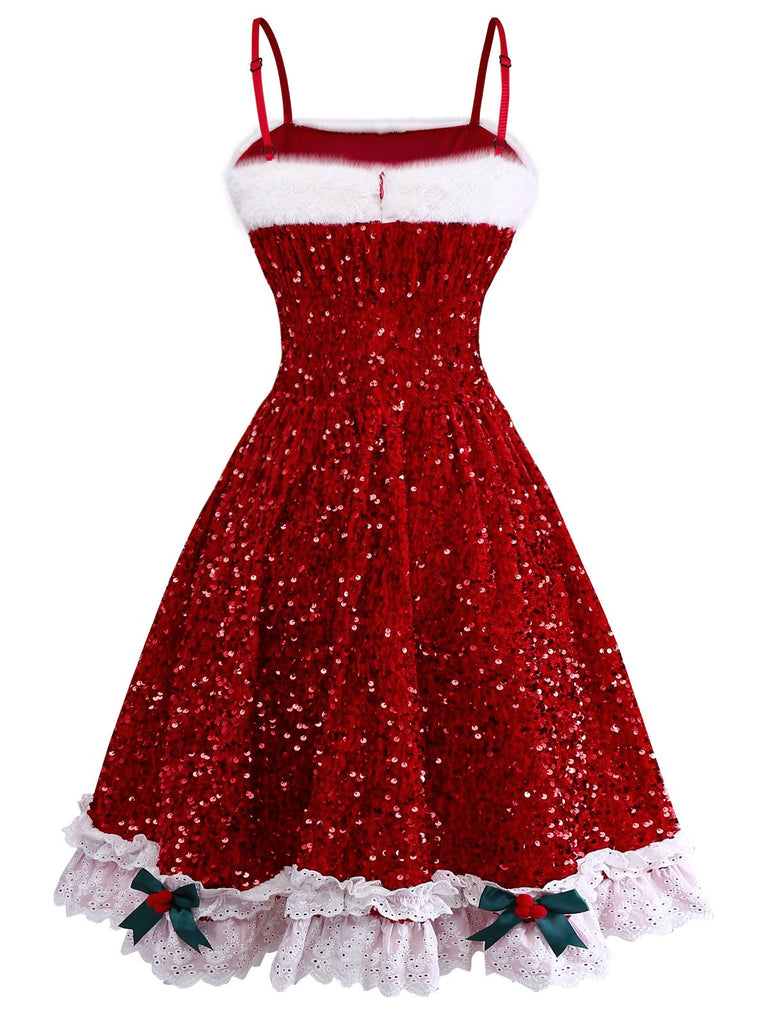 Red 1950s Bow Sequined Raw Hem Dress - vintage dress, retro fashion, rockabilly
