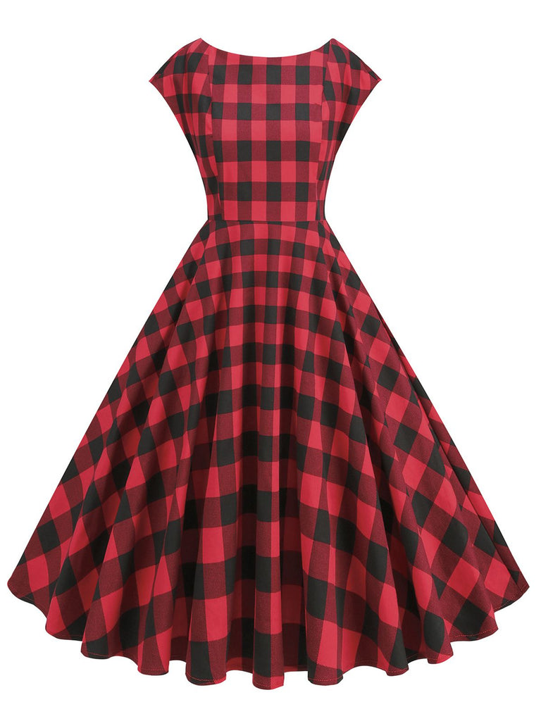 She slips into this Red 1950s Buffalo Plaids Swing Dress and suddenly it's a 1950s daydream