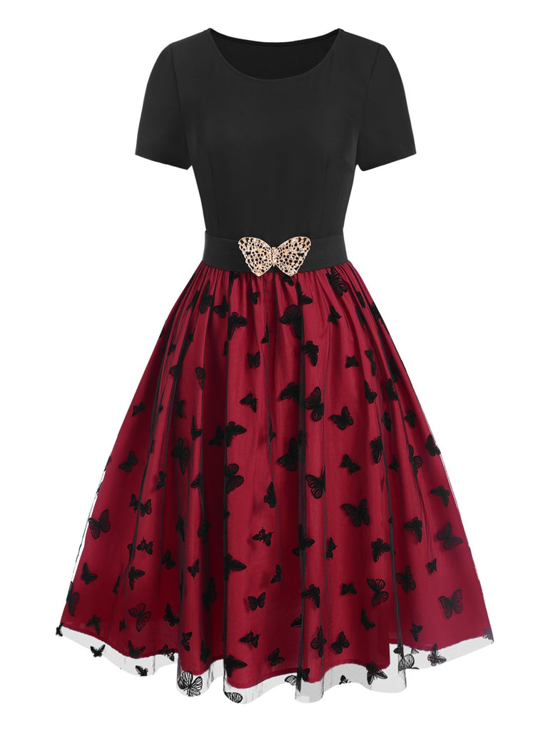 Red 1950s Butterfly Embroidered Mesh Patchwork Dress: where 1950s romance meets her modern spirit