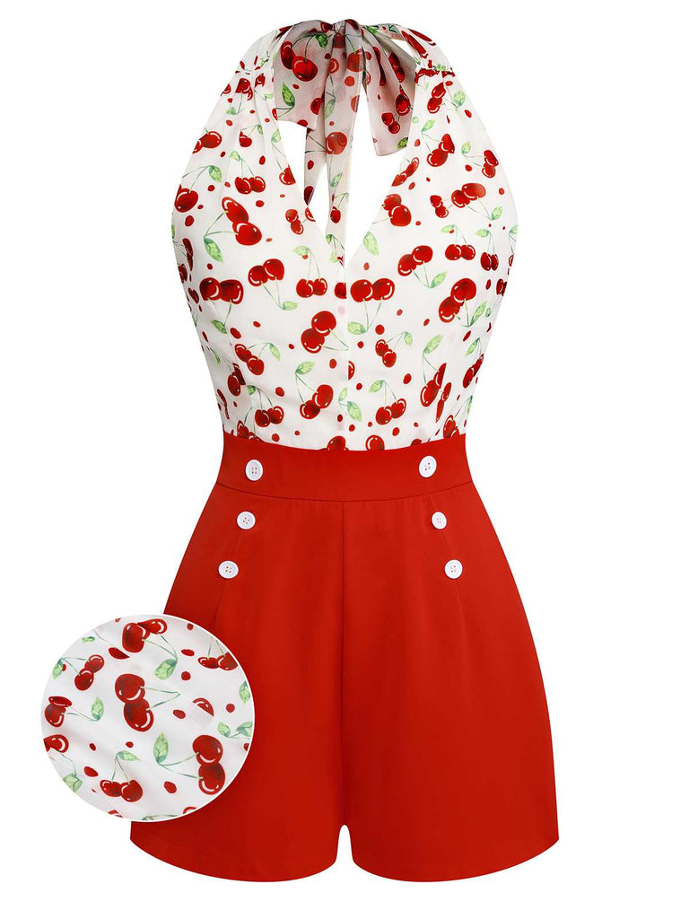 Red 1950s Cherry V-Neck Halter Lace-Up Romper - vintage romper, retro jumpsuit, playful style for vintage lovers