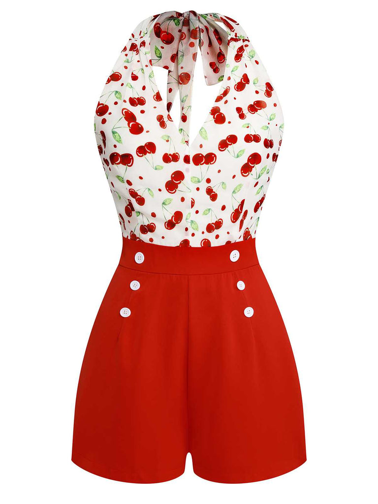 Red 1950s Cherry V-Neck Halter Lace-Up Romper: beautiful vintage romper, retro jumpsuit, playful style with timeless appeal