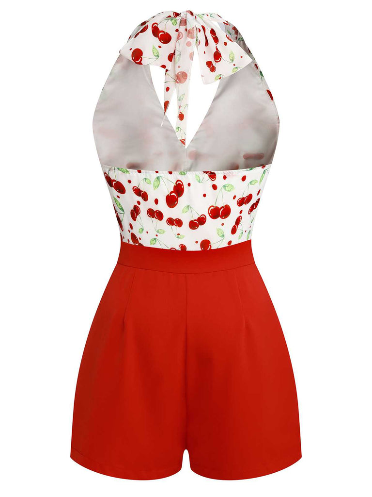 Red 1950s Cherry V-Neck Halter Lace-Up Romper - vintage romper, retro jumpsuit, playful style for vintage lovers