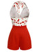Red 1950s Cherry V-Neck Halter Lace-Up Romper - vintage romper, retro jumpsuit, playful style for vintage lovers
