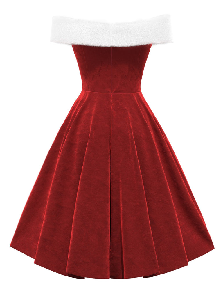Red 1950s Christmas Off-Shoulder Velvet Dress: where 1950s romance meets her modern spirit