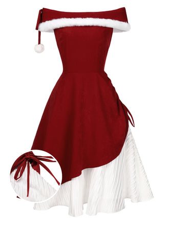She slips into this Red 1950s Christmas Plush Off-Shoulder Dress and suddenly it's a 1950s daydream