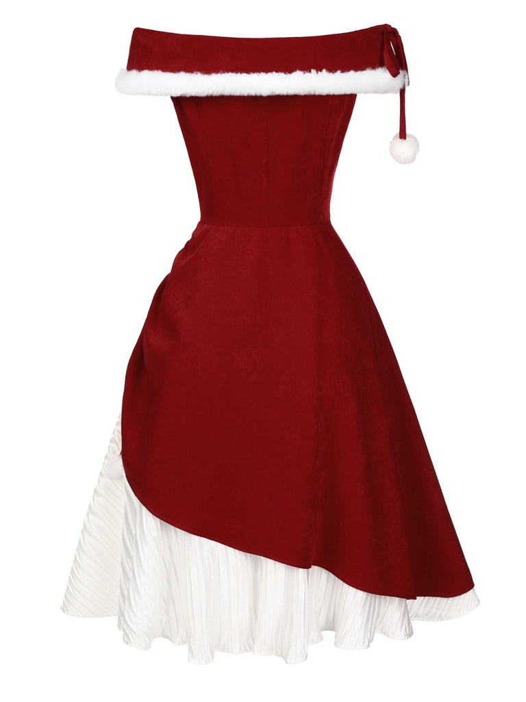 Red 1950s Christmas Plush Off-Shoulder Dress, vintage dress, retro fashion, rockabilly, pin-up fashion - perfect for women who love vintage and retro fashion