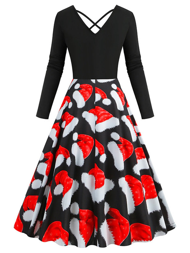 This Red 1950s Christmas Santa Hat Patchwork Dress wraps her in 1950s elegance, one twirl at a time