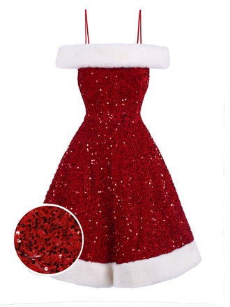 She slips into this Red 1950s Cold-Shoulder Furry Sequined Dress and suddenly it's a 1950s daydream