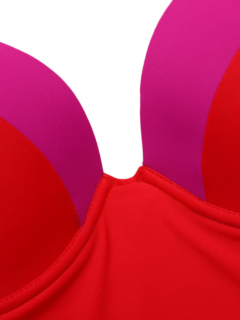 Red 1950s Colorblock Shoulder Tie-Up Swimsuit — because 1950s glamour never goes out of style