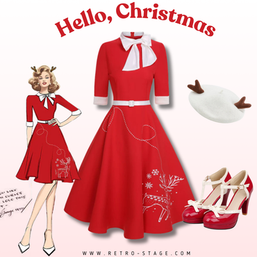 She slips into this Red 1950s Elk Bow Patchwork Belt Dress and suddenly it's a 1950s daydream