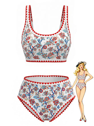 Red 1950s Floral Zigzag Trim U-Neck Tankini Set - vintage fashion, retro style for vintage lovers