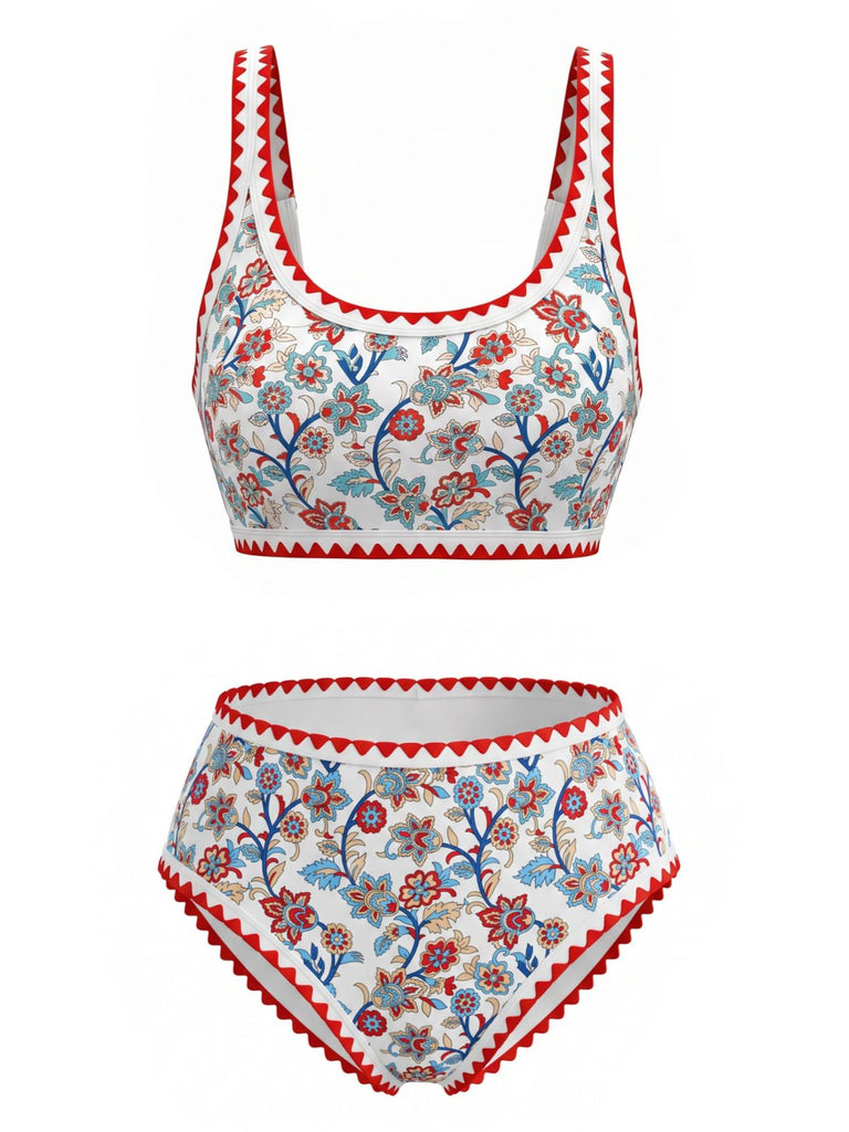Red 1950s Floral Zigzag Trim U-Neck Tankini Set - vintage fashion, retro style for vintage lovers