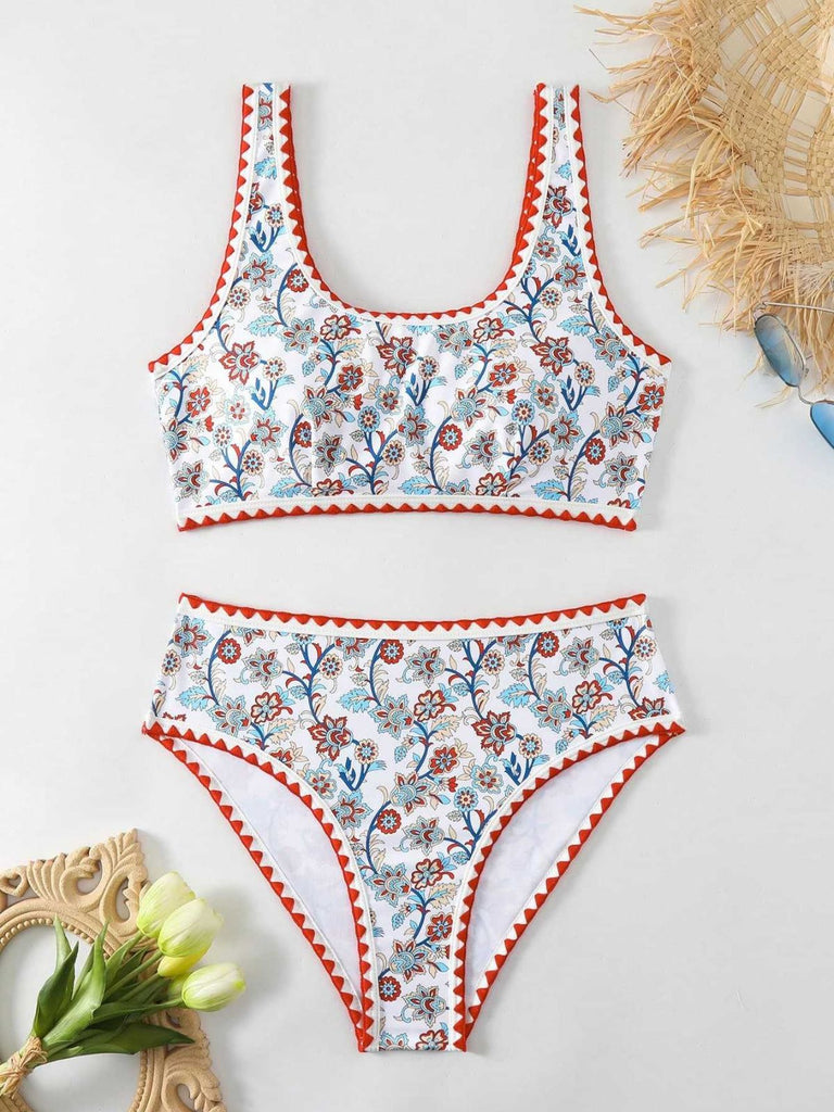 Red 1950s Floral Zigzag Trim U-Neck Tankini Set - vintage fashion, retro style for vintage lovers