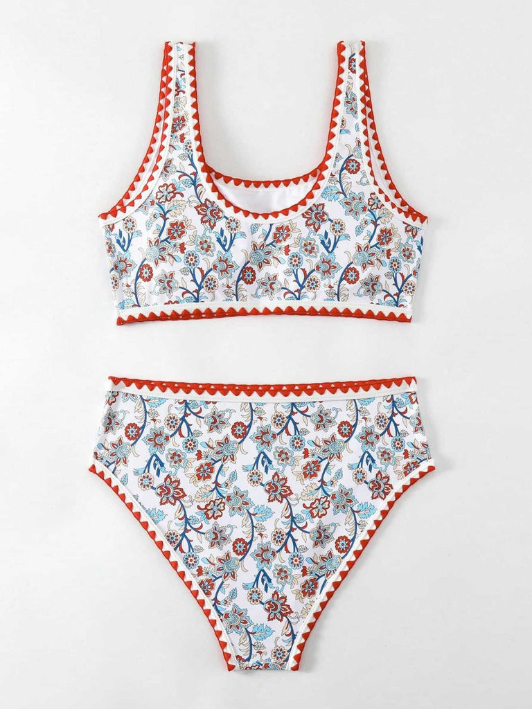 Red 1950s Floral Zigzag Trim U-Neck Tankini Set - vintage fashion, retro style for vintage lovers
