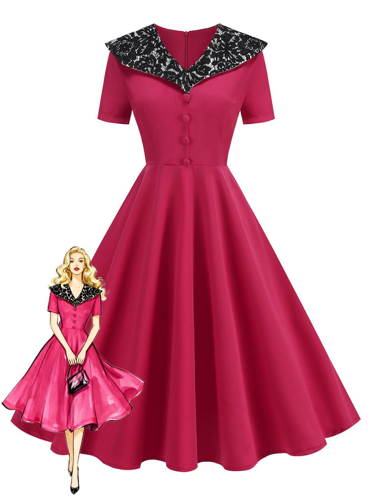 Red 1950s Lace Floral Sailor Collar Swing Dress - vintage dress, retro fashion, rockabilly