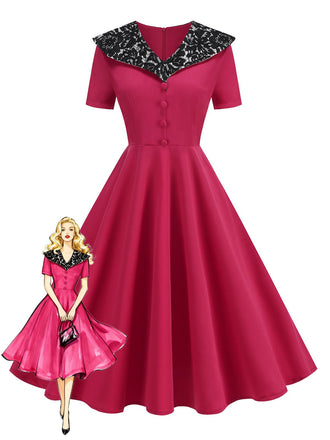 Red 1950s Lace Floral Sailor Collar Swing Dress - vintage dress, retro fashion, rockabilly