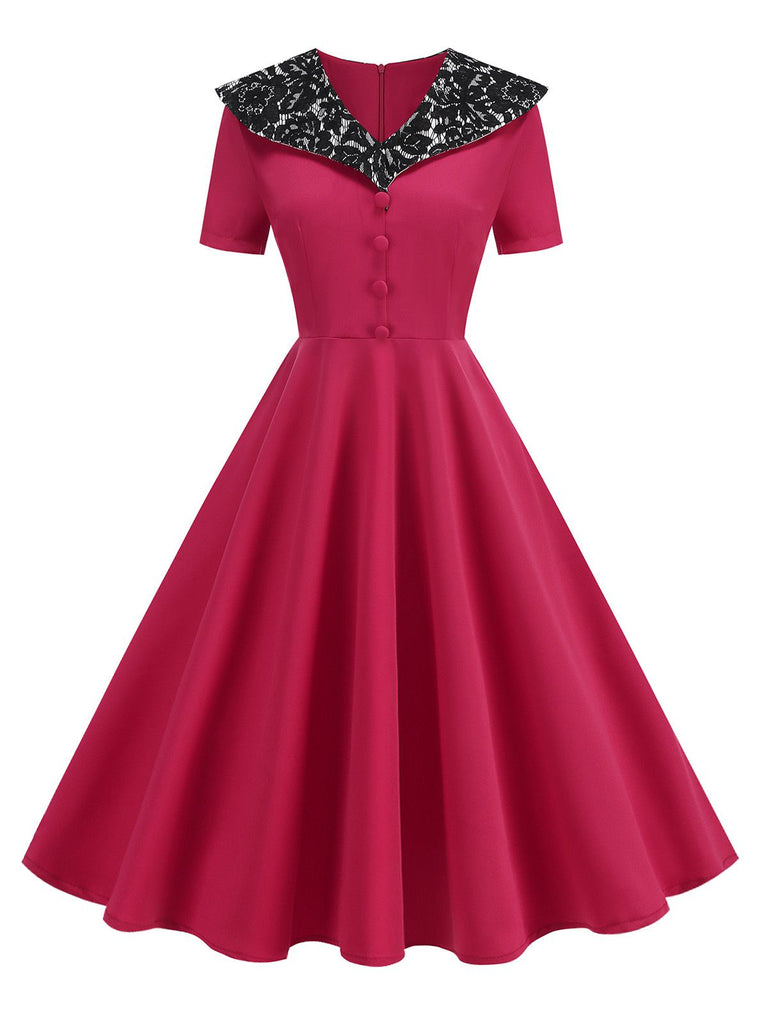 Red 1950s Lace Floral Sailor Collar Swing Dress - vintage dress, retro fashion, rockabilly