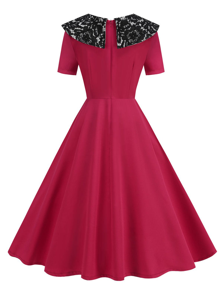 Red 1950s Lace Floral Sailor Collar Swing Dress - vintage dress, retro fashion, rockabilly