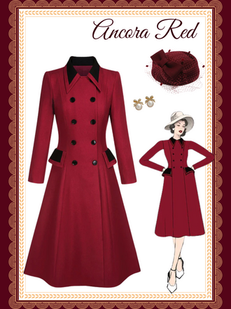 She throws on this Red 1950s Lapel Double Breasted Coat and the city feels like 1950s Paris