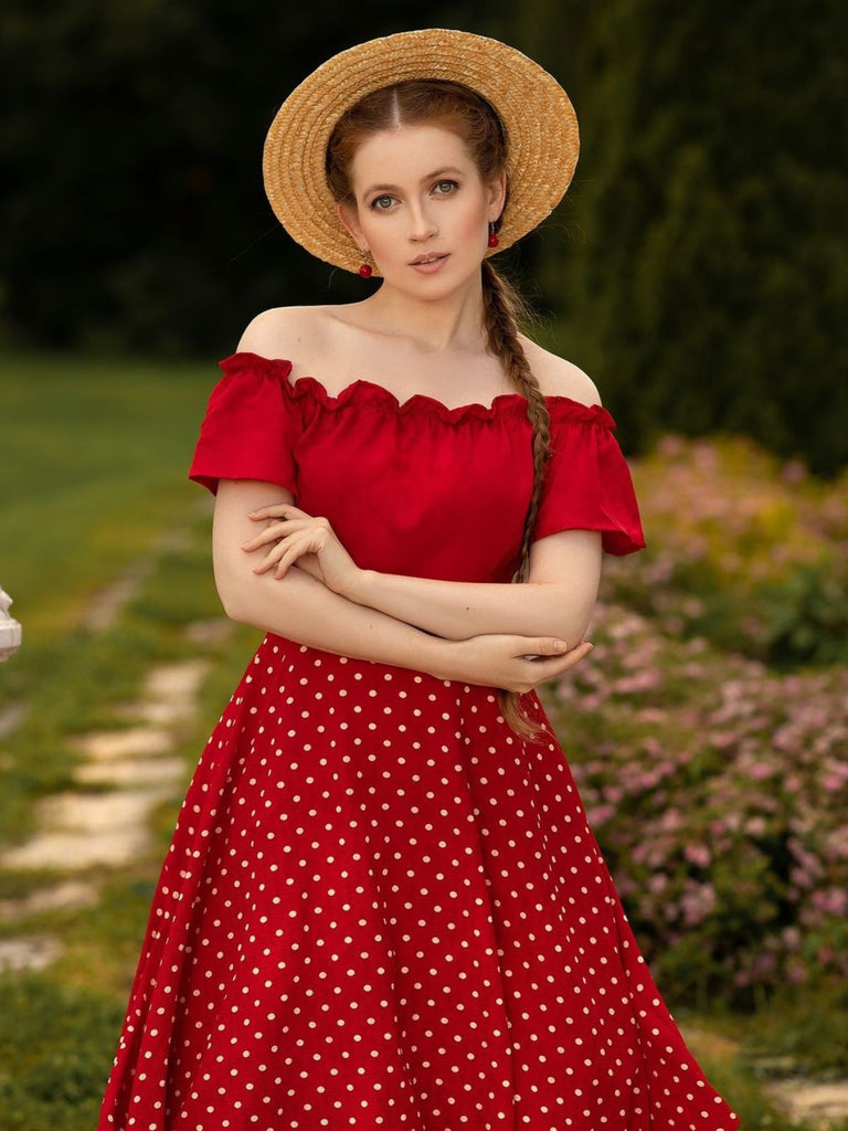 She slips into this Red 1950s Off-Shoulder Polka Dots Belted Dress and suddenly it's a 1950s daydream