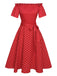 Red 1950s Off-Shoulder Polka Dots Belted Dress, vintage dress, retro fashion, rockabilly, pin-up fashion - perfect for women who love vintage and retro fashion