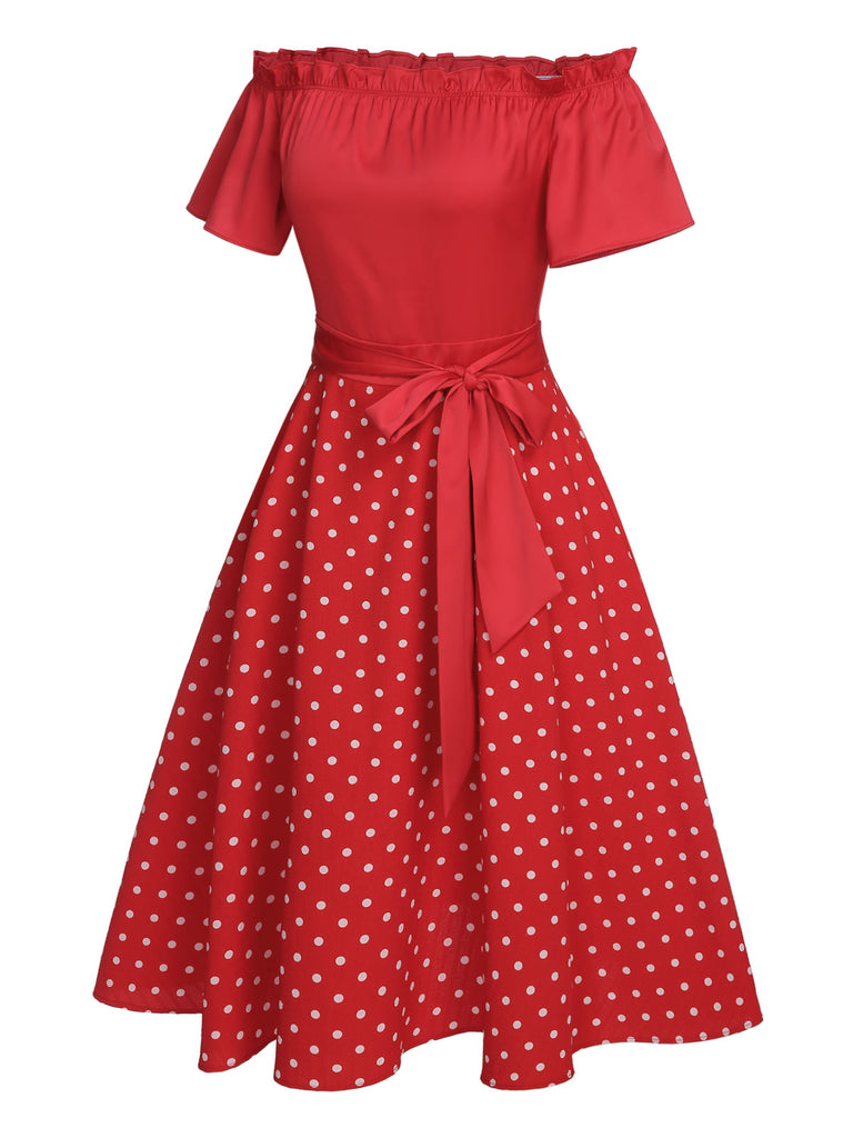 Red 1950s Off-Shoulder Polka Dots Belted Dress, vintage dress, retro fashion, rockabilly, pin-up fashion - perfect for women who love vintage and retro fashion